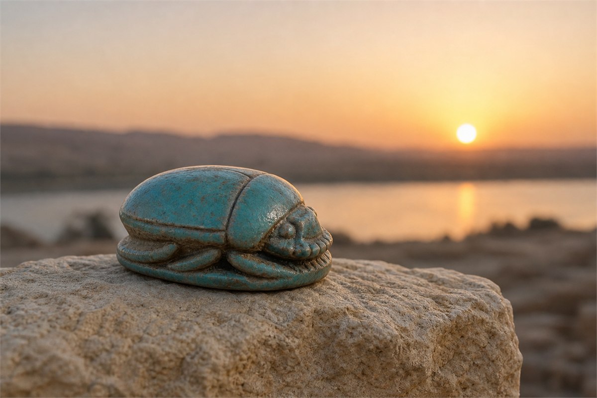 Blue-green faience scarab on limestone with a soft sunrise over water in the distance