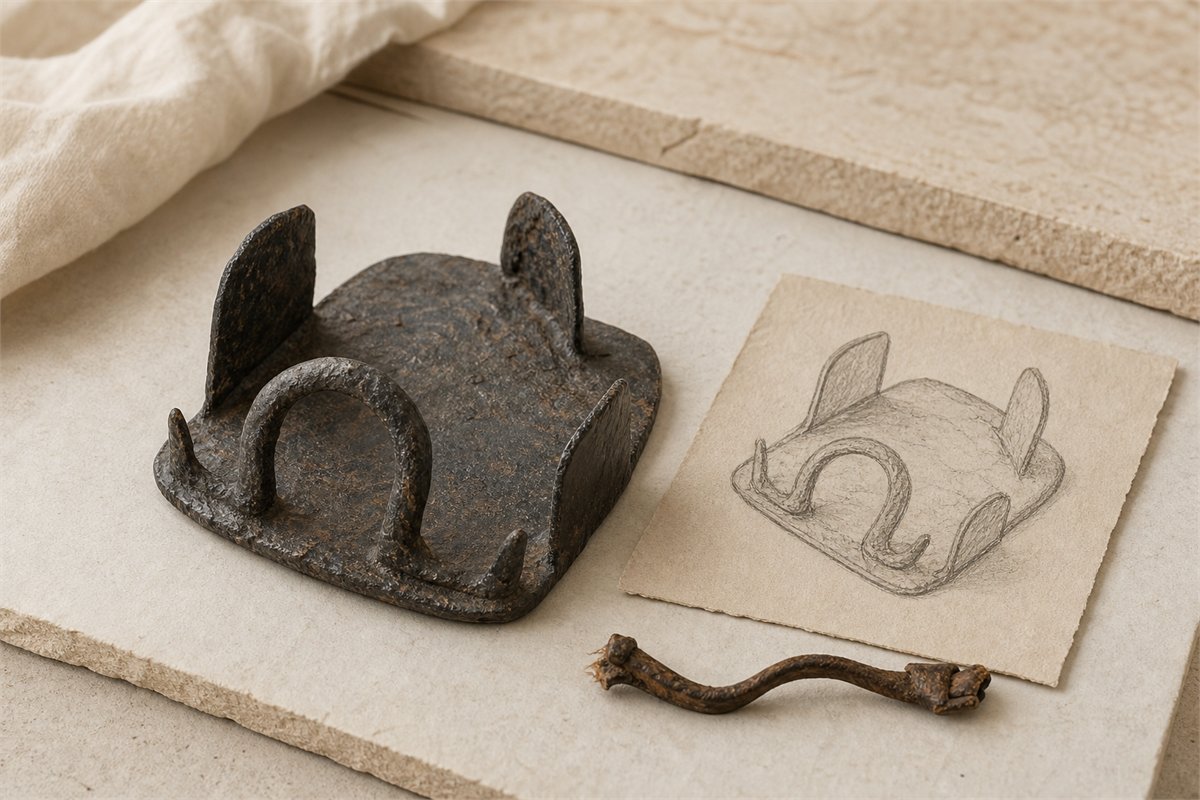 Reconstructed iron hipposandal with side wings, front loop, leather strap, and hoof diagram