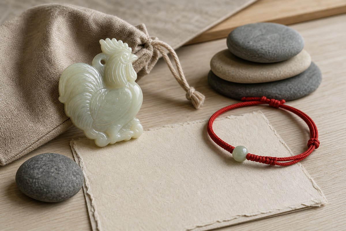 Small jade rooster charm beside balanced stones, red cord bracelet, linen pouch, and blank note card