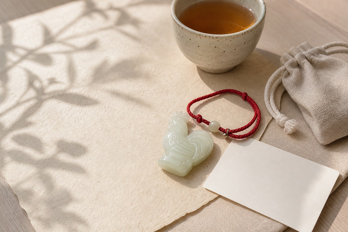 Carved jade rooster charm with red cord bracelet, jade bead, blank note card, linen pouch, and tea cup