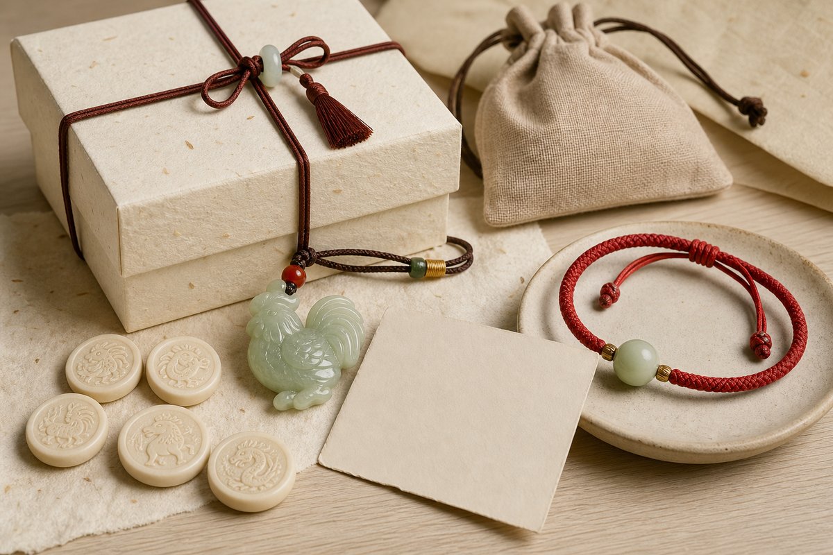 Cream gift box with carved jade rooster charm, jade bead bracelet, red cord bracelet, pouch, and blank gift card