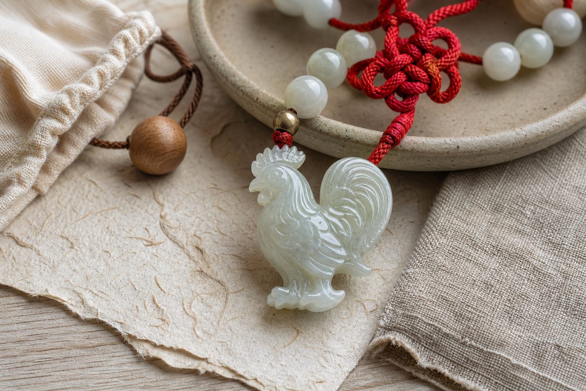 Close view of a carved jade rooster charm, jade beads, pale wood bead, red cord knot, cream pouch, and brass bead