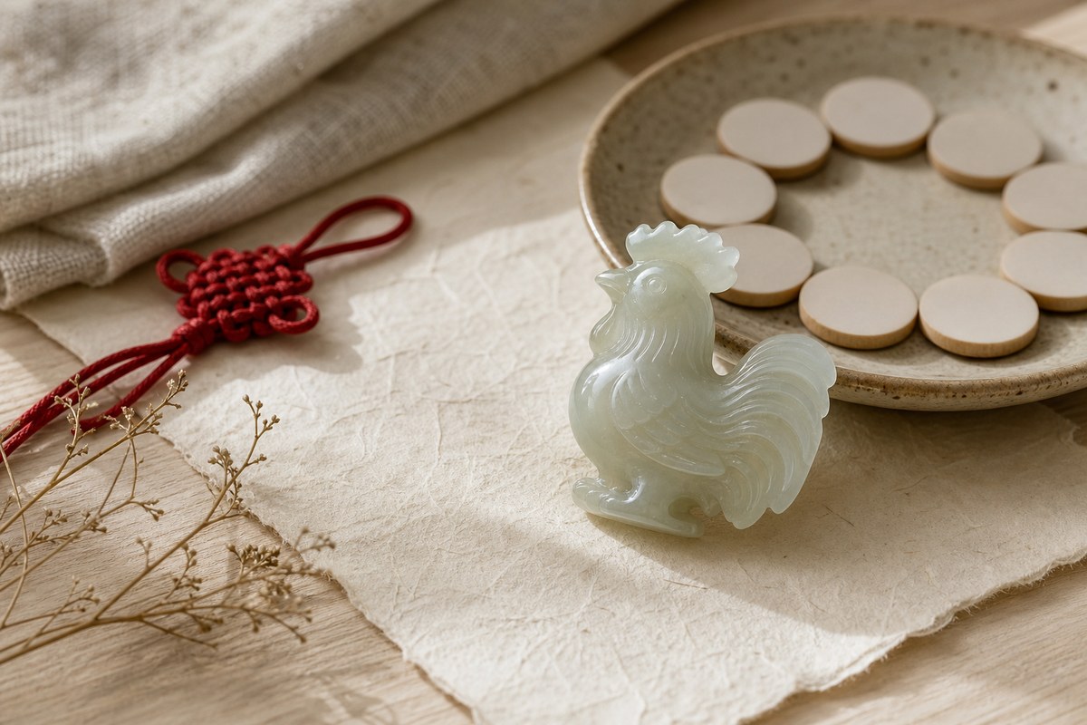 Pale jade rooster zodiac charm with red cord knot, ceramic dish, and blank cycle markers