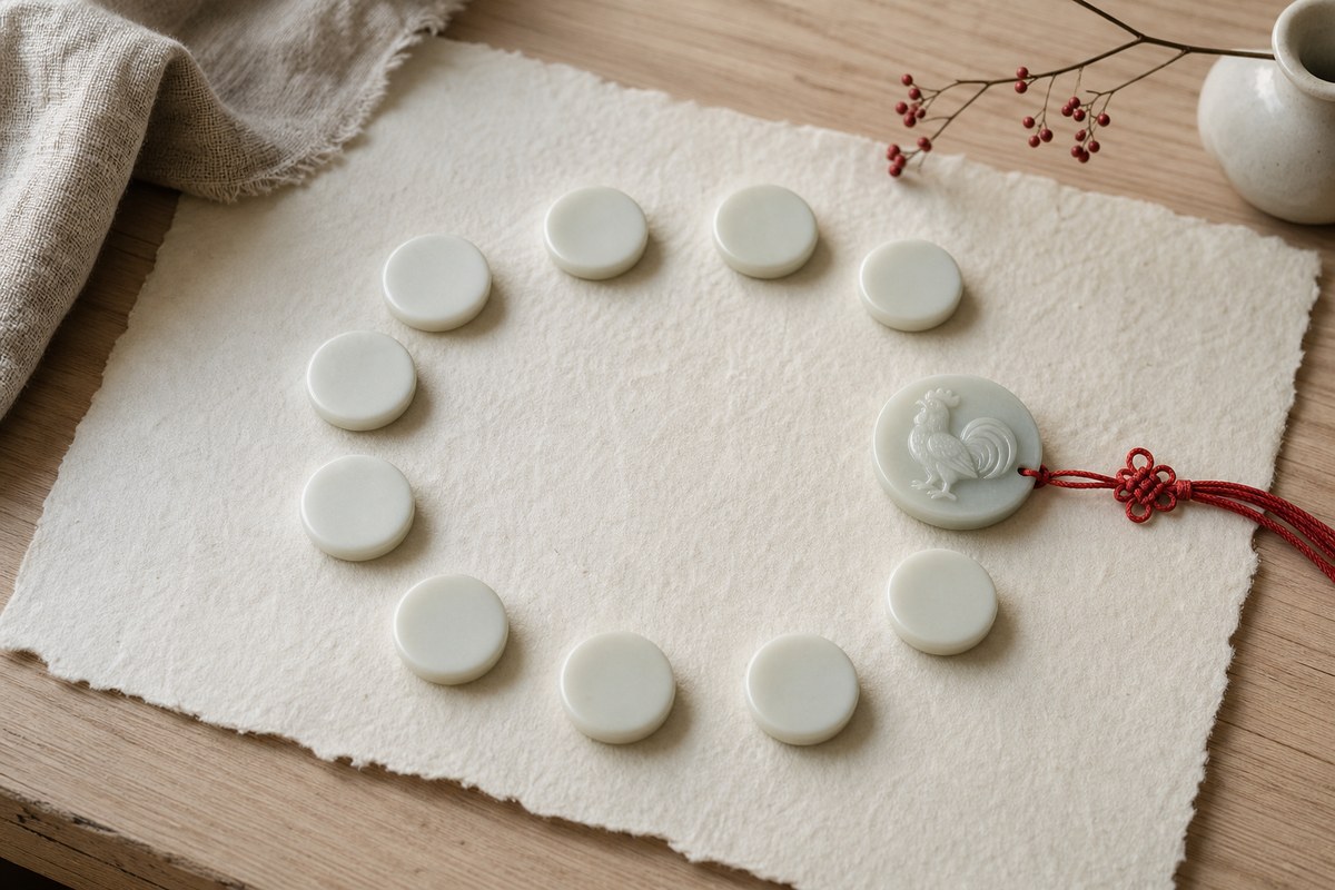 Twelve unmarked ceramic zodiac tokens arranged in a soft arc with a jade rooster token emphasized