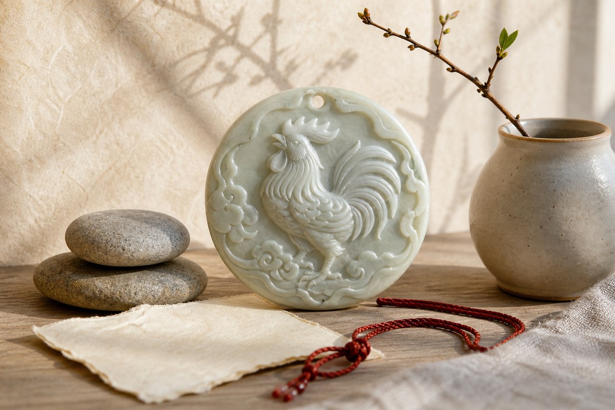 Carved jade rooster plaque with ceramic vessel, balanced stones, handmade paper, and red cord