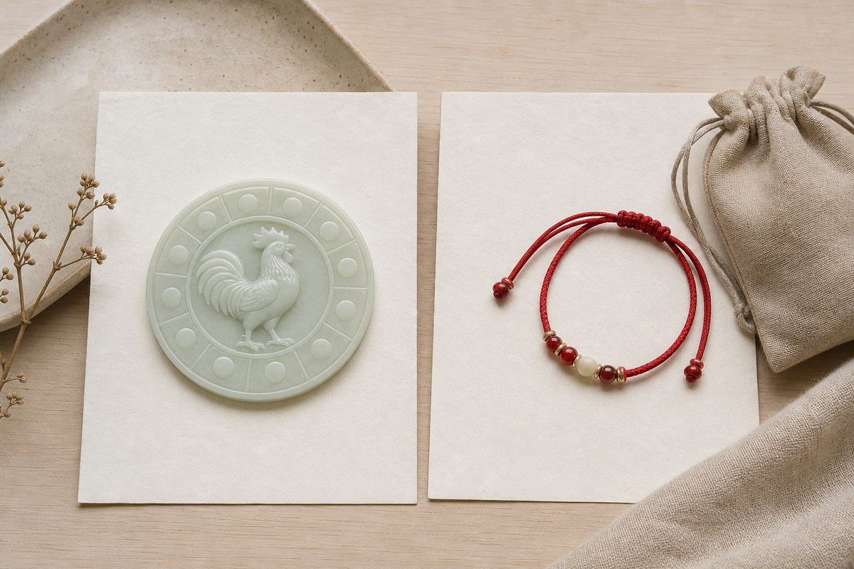 Two blank handmade paper cards separating a jade rooster zodiac token from a red cord bracelet and cream pouch