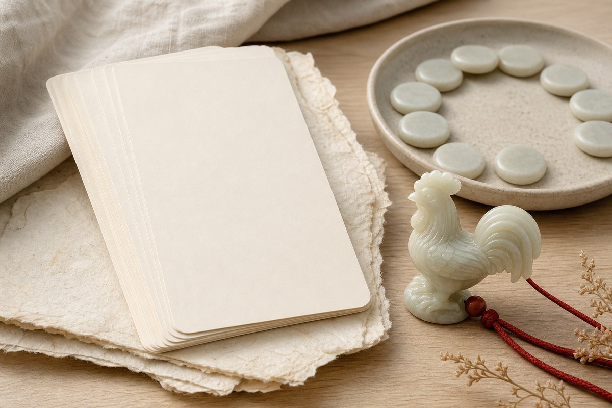 Blank cream calendar cards with a jade rooster token, red cord, and unmarked round zodiac markers
