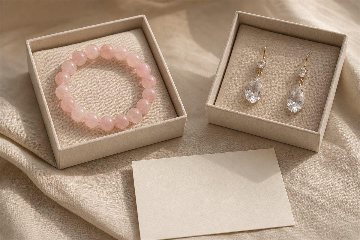 Natural rose quartz bracelet and faceted crystal glass earrings in separate neutral gift boxes