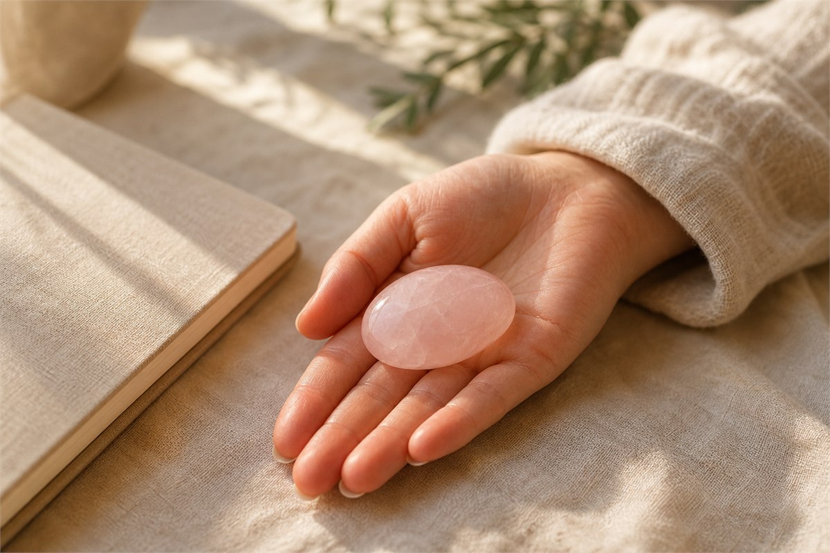Hand holding a smooth milky pink rose quartz beside a blank linen journal