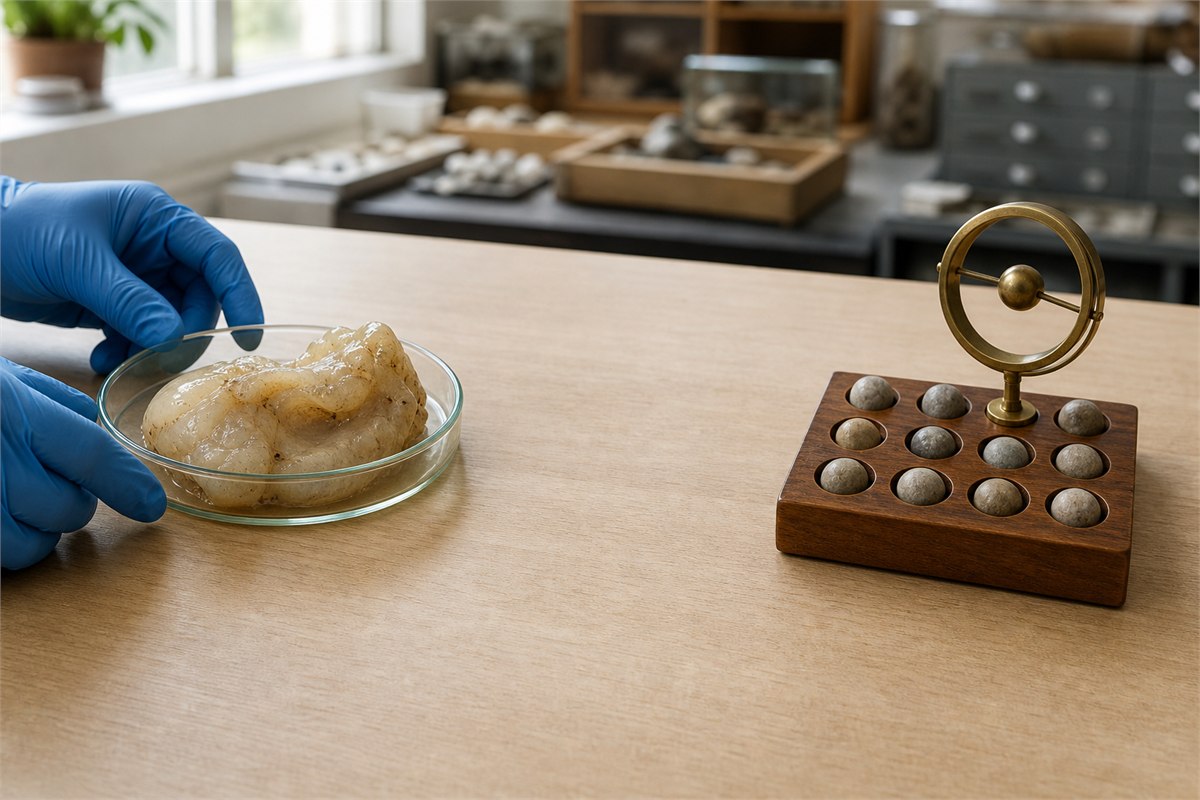 Gloved hands examining an unidentified gelatinous specimen in a clear dish beside separate calendar-study objects