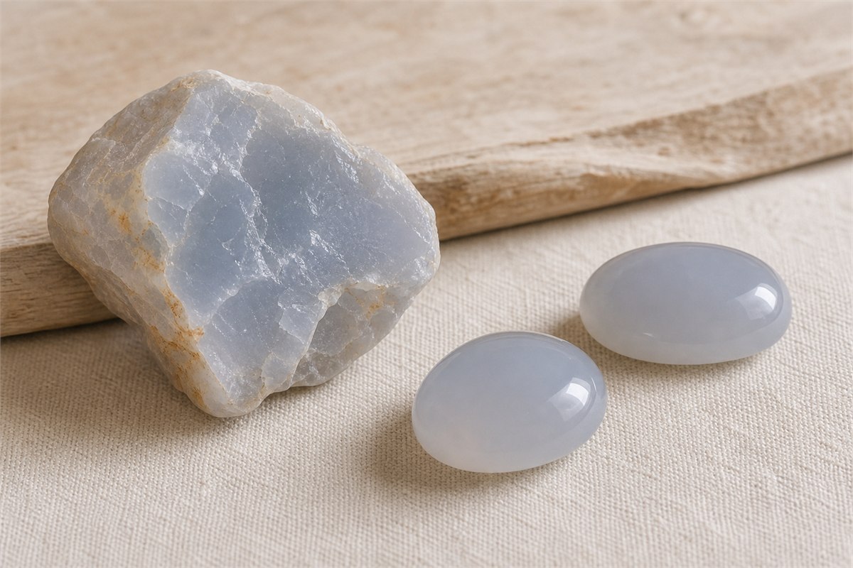 Rough pale blue chalcedony beside two polished oval cabochons