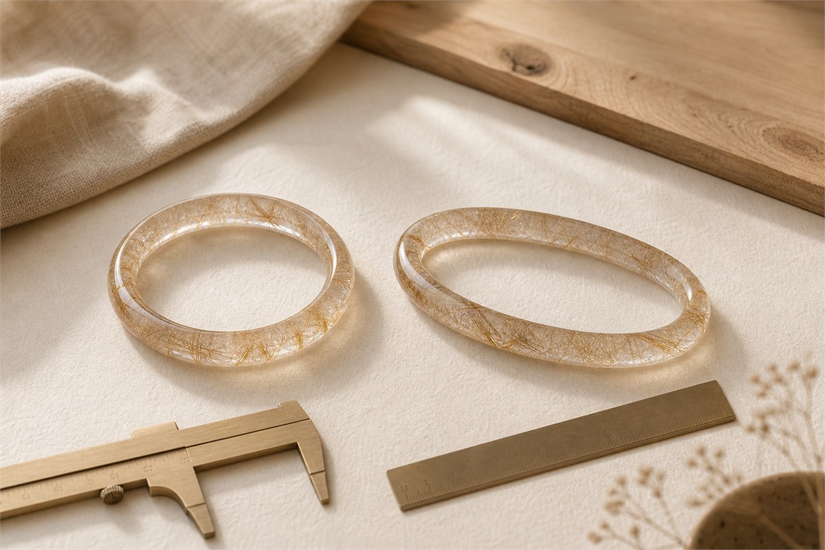 Round and elongated oval Guifei rutilated quartz bangles placed side by side