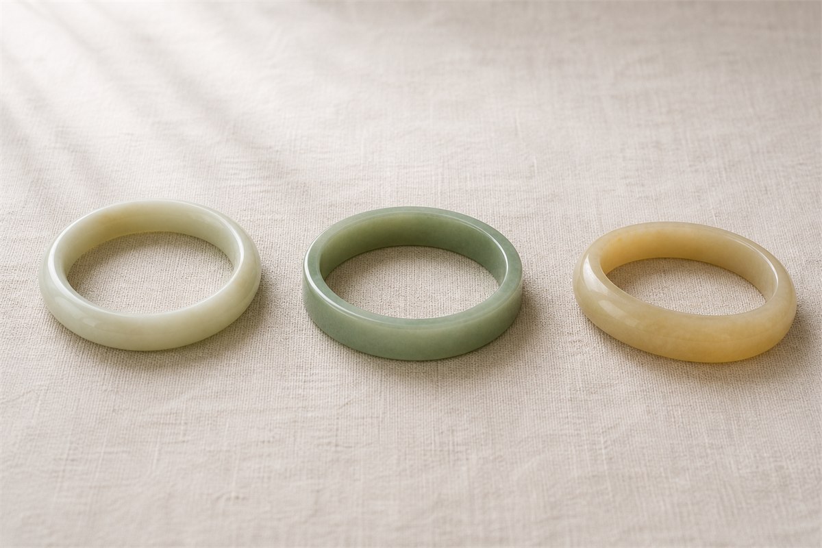 Three jade bangles showing round-bar, flat-bar, and oval profiles.