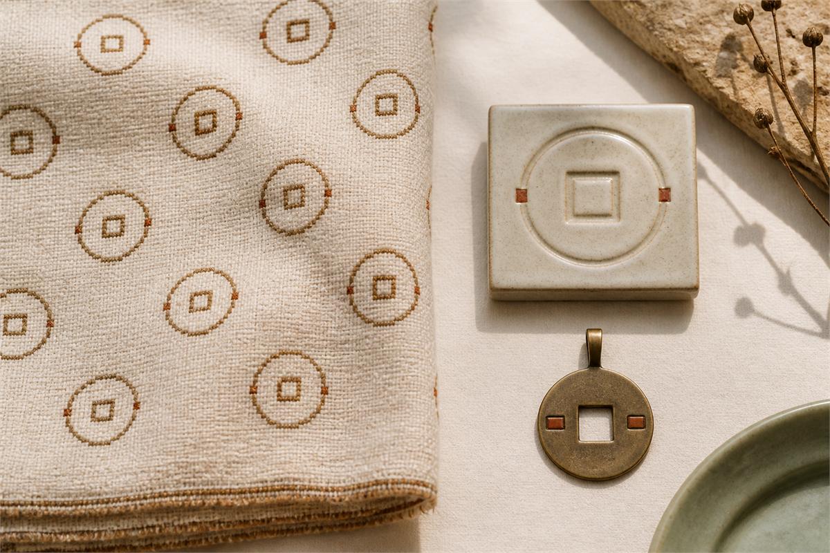 Round outlines with square centres repeated on textile, ceramic, and metal design samples