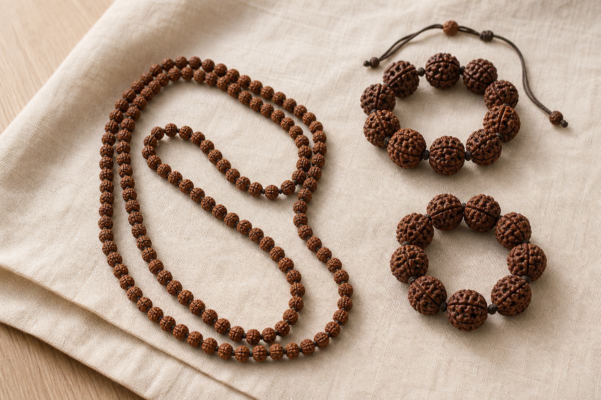 Long small-bead Rudraksha mala beside two large-bead Jingang Bodhi bracelets