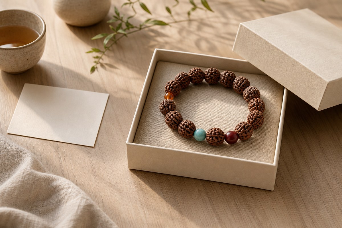 Five-faced Rudraksha bracelet with small amber, turquoise, and Nanhong accents in an ivory gift box