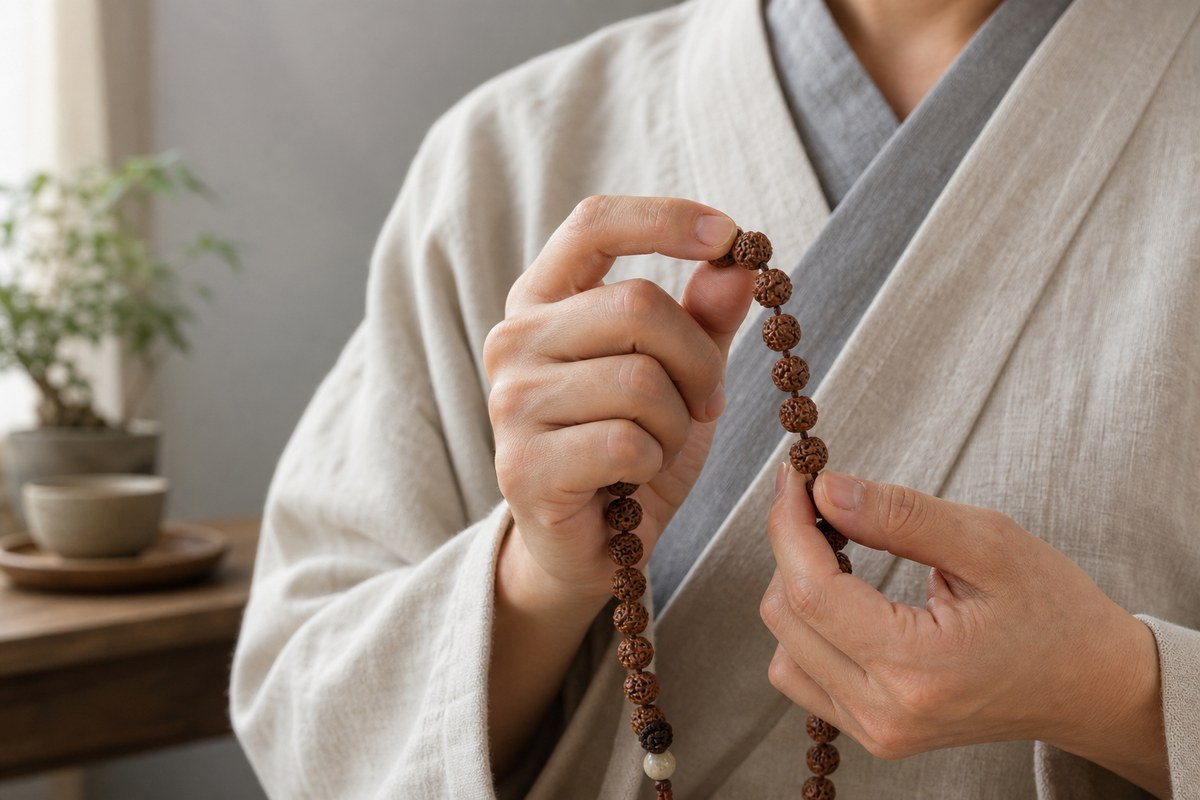 Hands moving one Rudraksha bead at a time during quiet mala counting