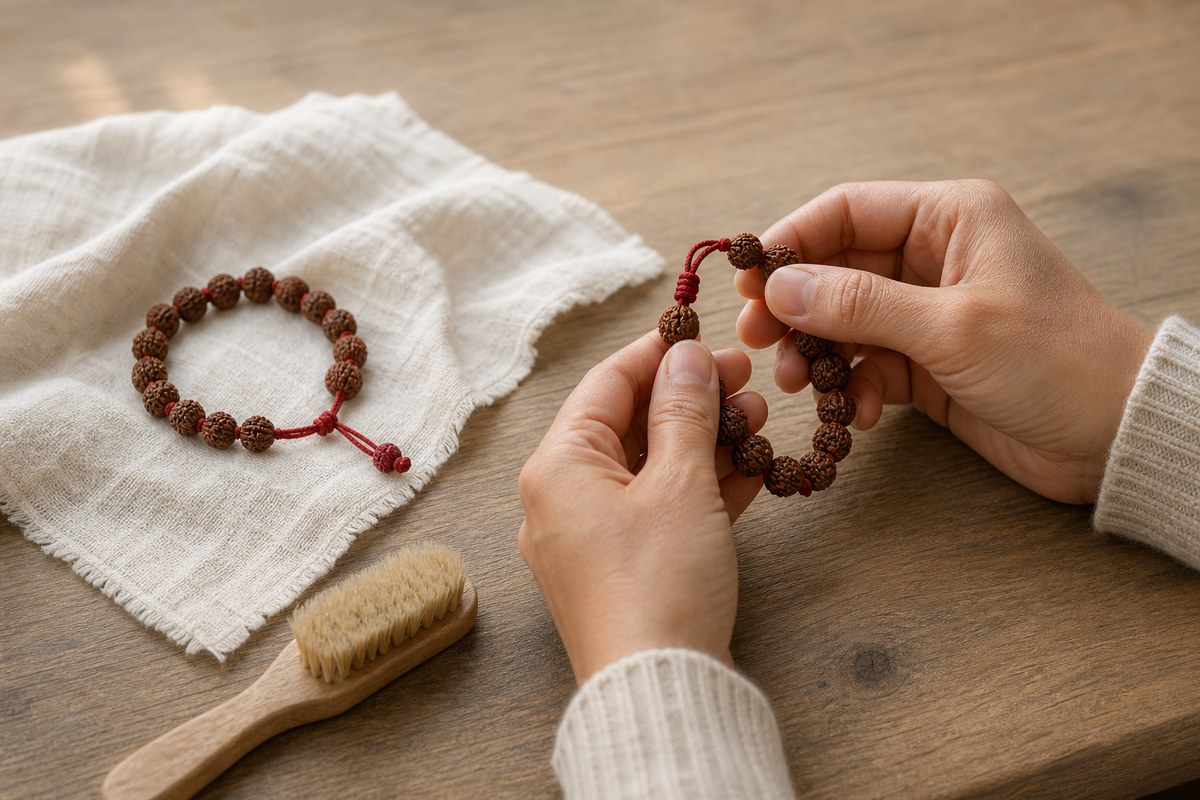 Clean dry hands rotating a Rudraksha bracelet beside a natural-bristle brush and resting strand