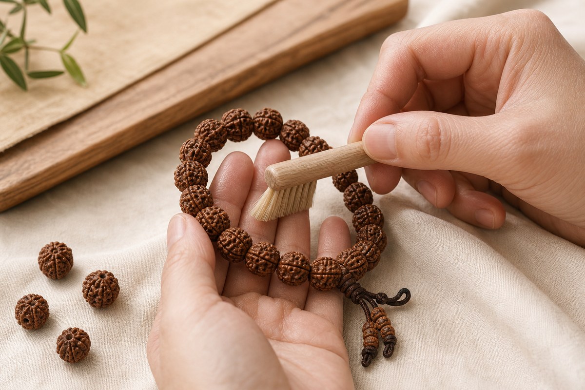 Hands using a natural-bristle brush to clean the grooves of a new Rudraksha bracelet