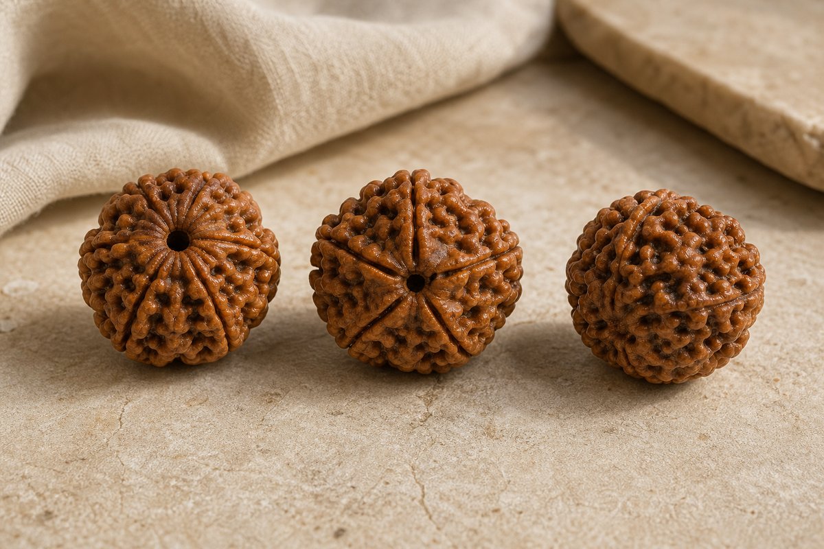 Macro view of mature Rudraksha endocarps with deep grooves, pole openings, and natural mukhi divisions