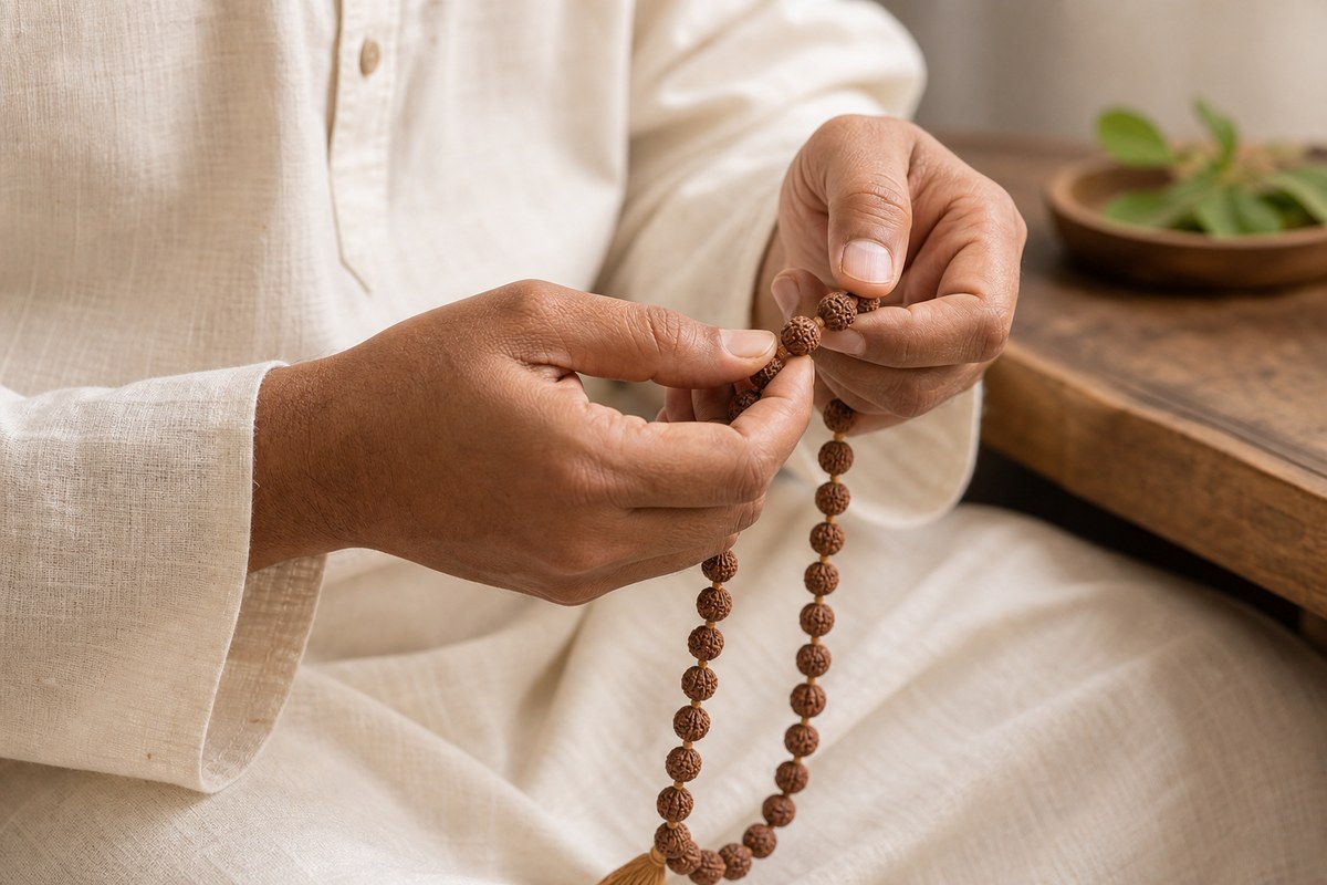 Hands counting a simple Rudraksha mala in a quiet Hindu devotional context