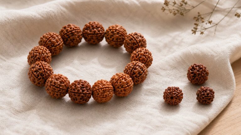 Mature five-faced Rudraksha bracelet and loose Jingang Bodhi beads on warm ivory linen