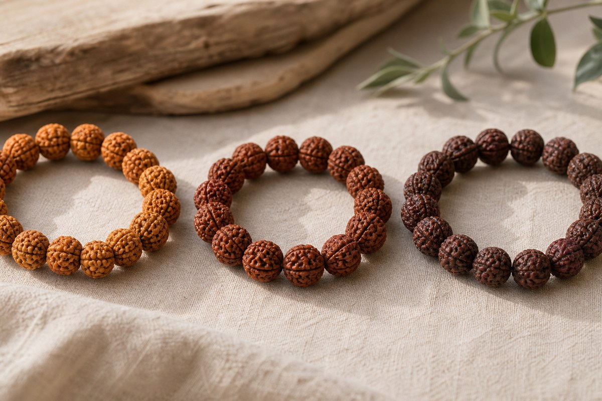 Three Rudraksha bracelets progressing from ginger brown to jujube and deep oxford-red patina