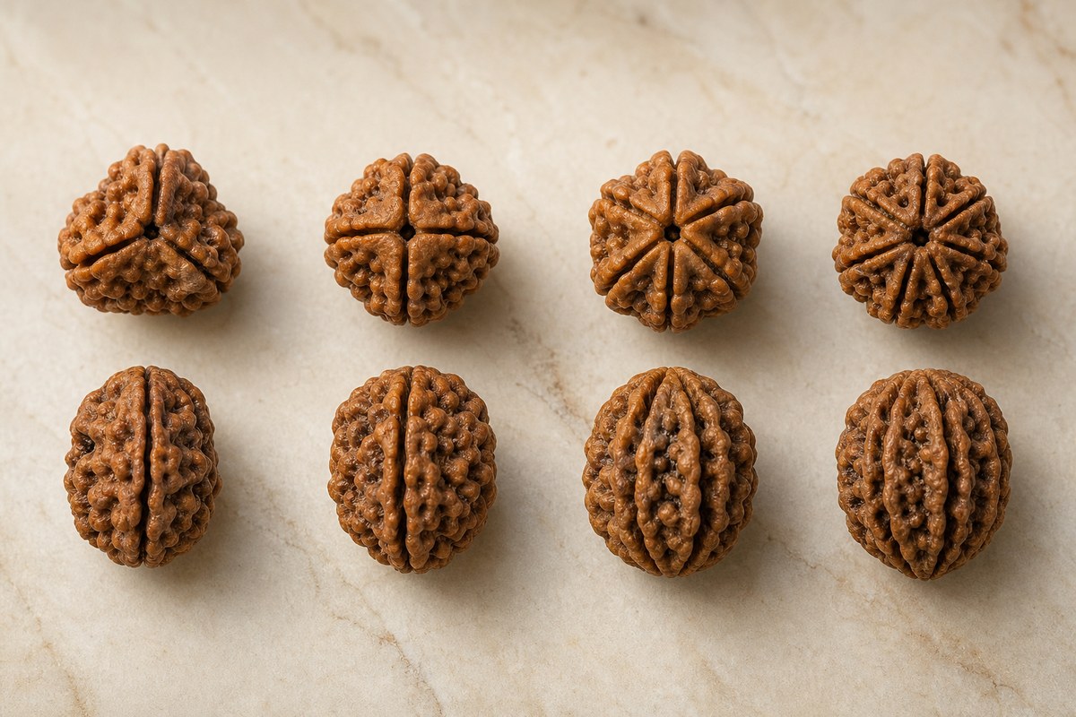 Paired pole and side views of three-, four-, five-, and six-faced Rudraksha endocarps
