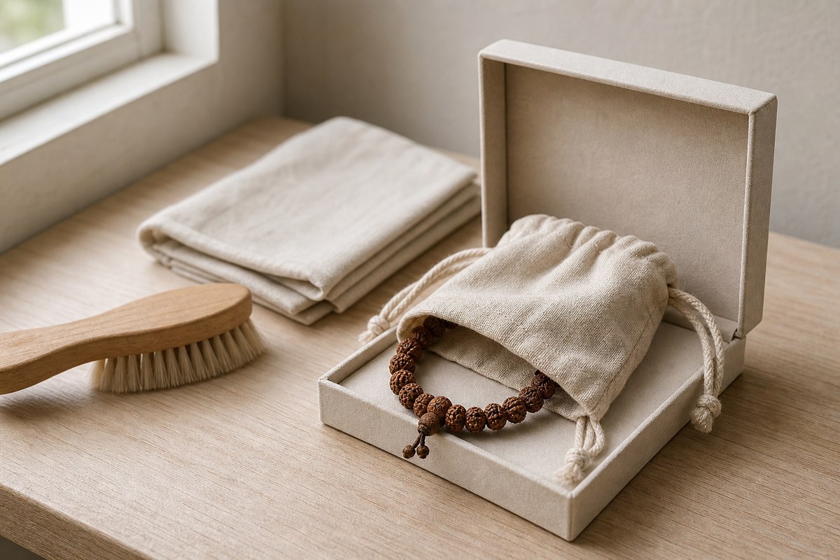 Dry Rudraksha bracelet in a breathable linen pouch inside an open jewelry box beside a soft brush