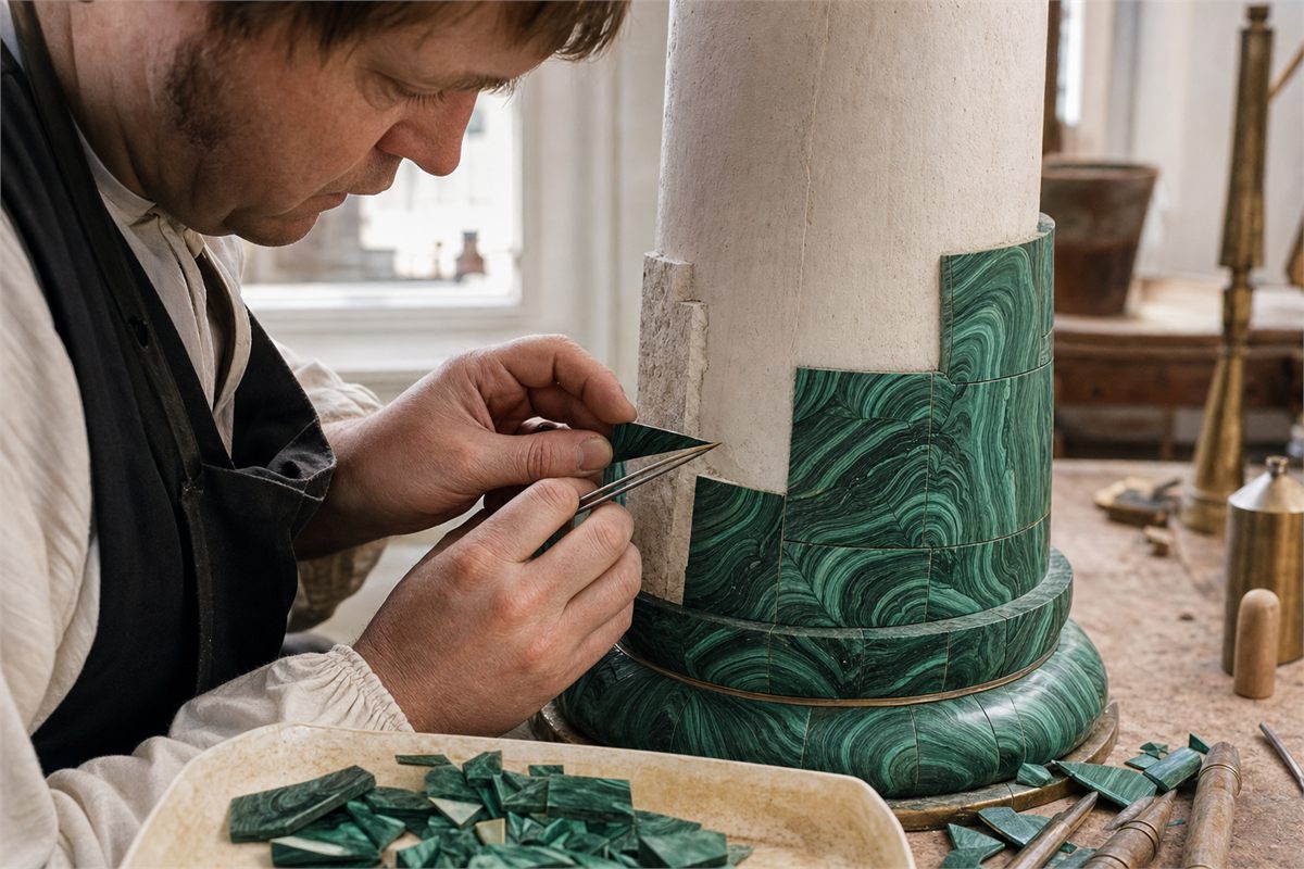 Artisan fitting thin matched malachite veneer pieces around a curved column core in Russian mosaic technique