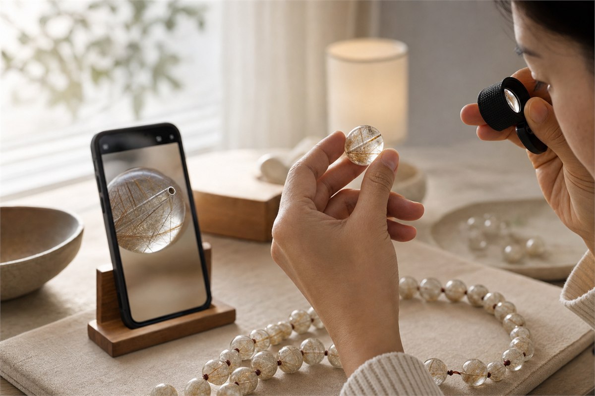 Hands examining several rutilated quartz beads with a 10× triplet loupe under diffuse neutral light
