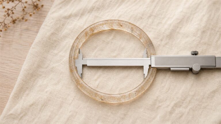 Metal caliper measuring the inner opening of a closed rutilated quartz bangle on ivory linen
