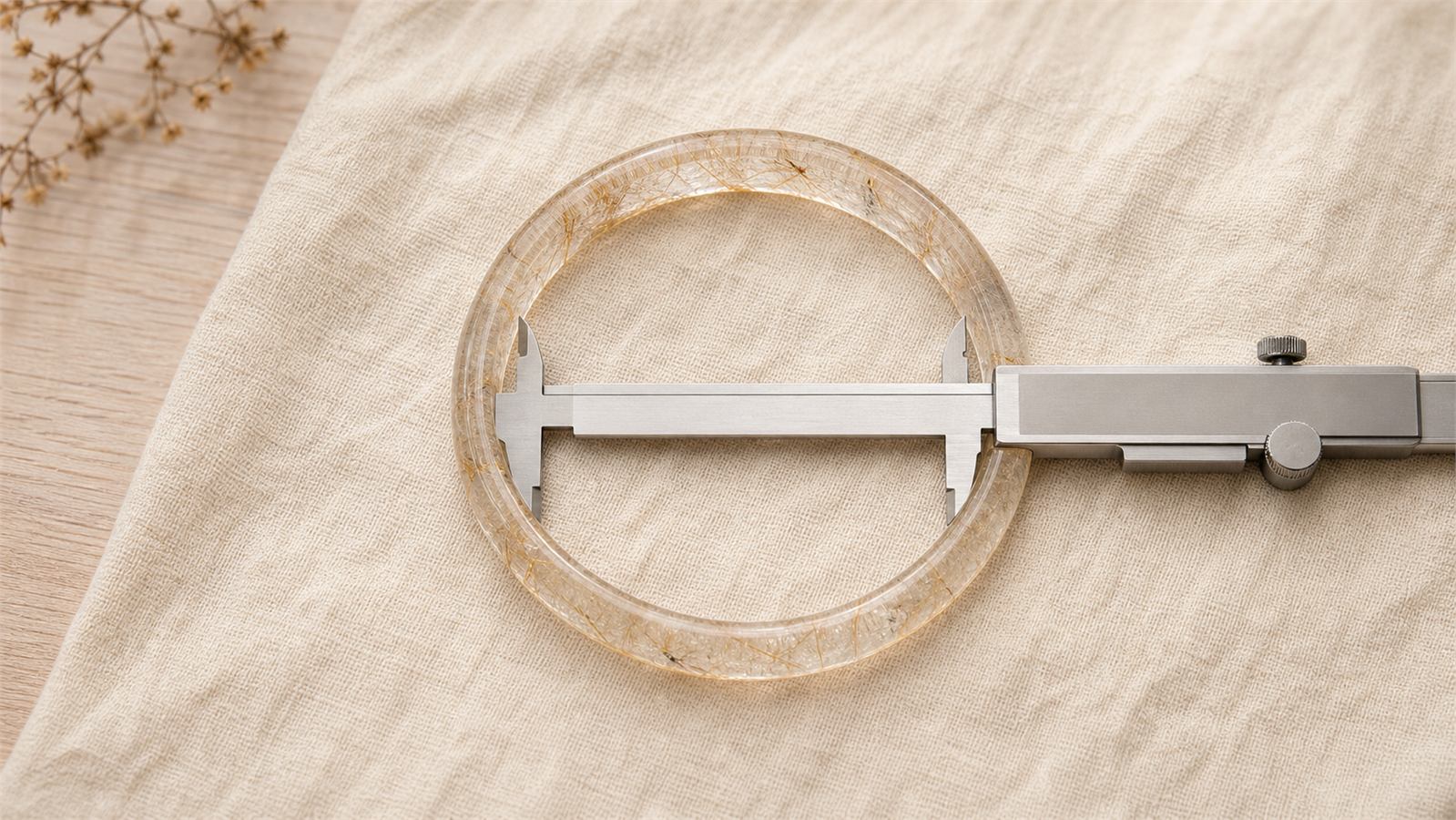 Metal caliper measuring the inner opening of a closed rutilated quartz bangle on ivory linen