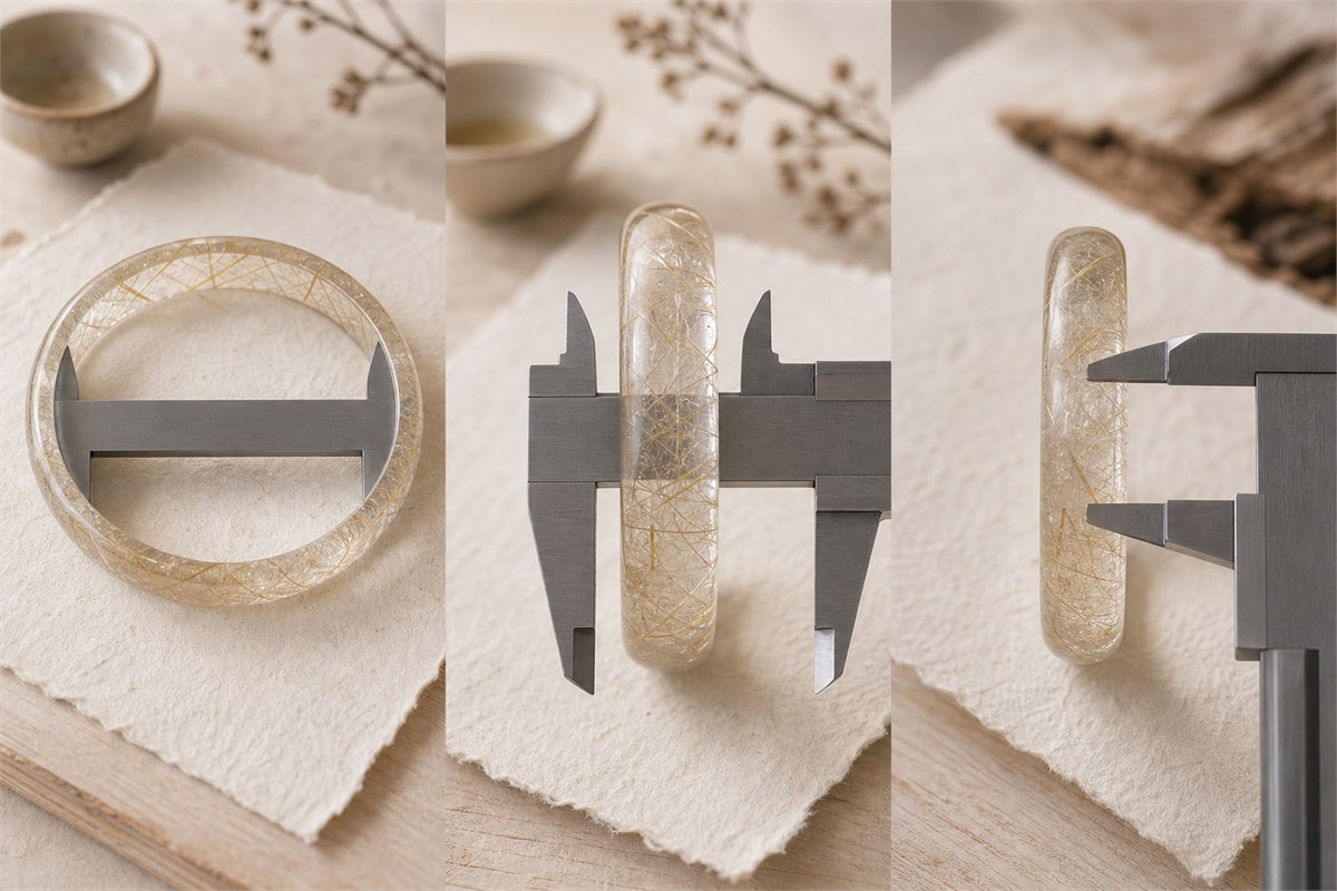 Three views using calipers to compare a quartz bangle inner diameter, band width, and wall thickness