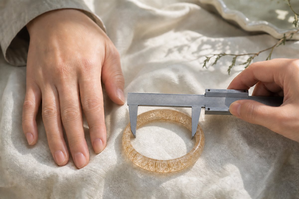 Hands measuring the inner diameter of a rutilated quartz bangle with a plain caliper