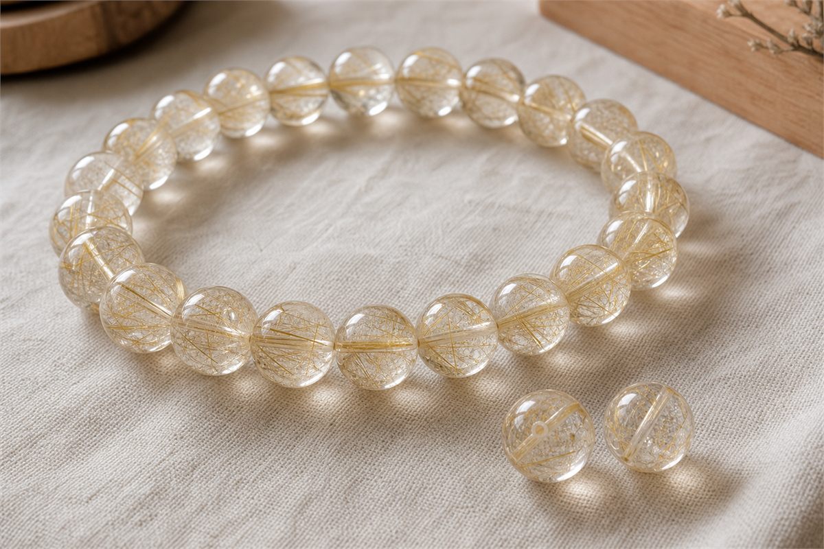 Full rutilated quartz bead bracelet with two loose transparent beads turned to show their drilled channels