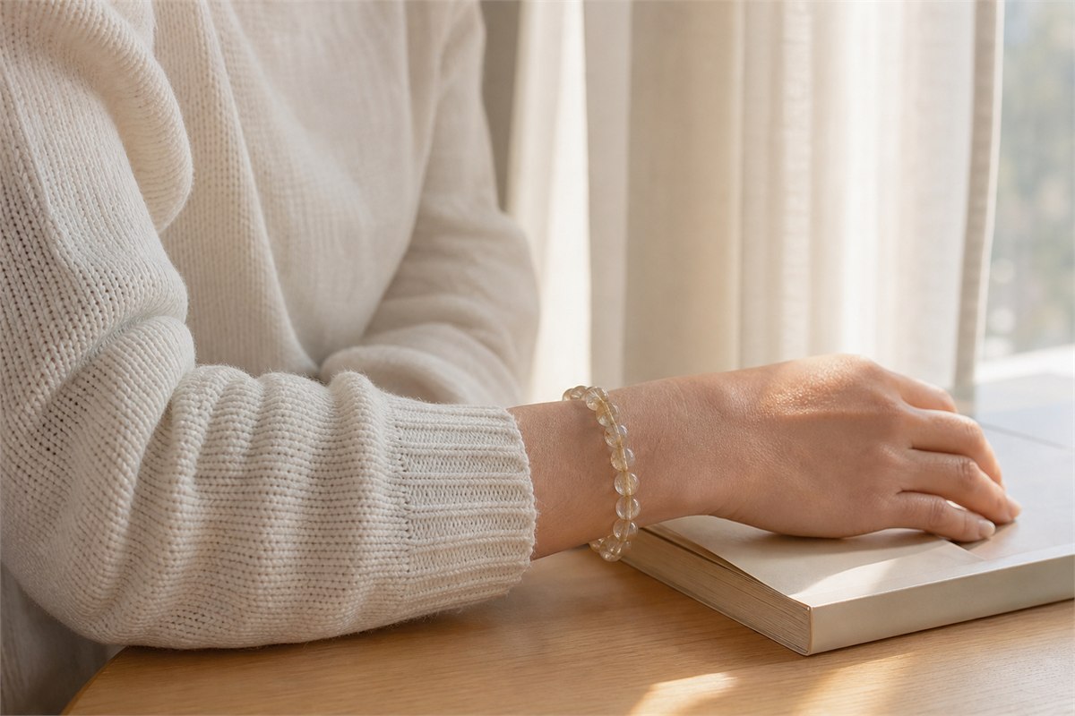 Adult wearing a simple rutilated quartz bead bracelet while reading beside a sunlit window