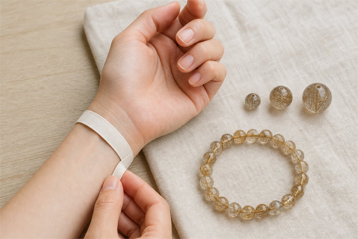 Wrist measured with a soft tape beside three rutilated quartz bead sizes and an elastic bracelet