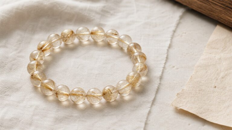 Gold rutilated quartz bead bracelet with natural golden needle inclusions on warm ivory linen