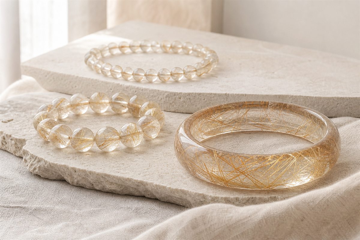 Three rutilated quartz jewelry examples with increasing bead size, clarity, rutile density, and a one-piece bangle