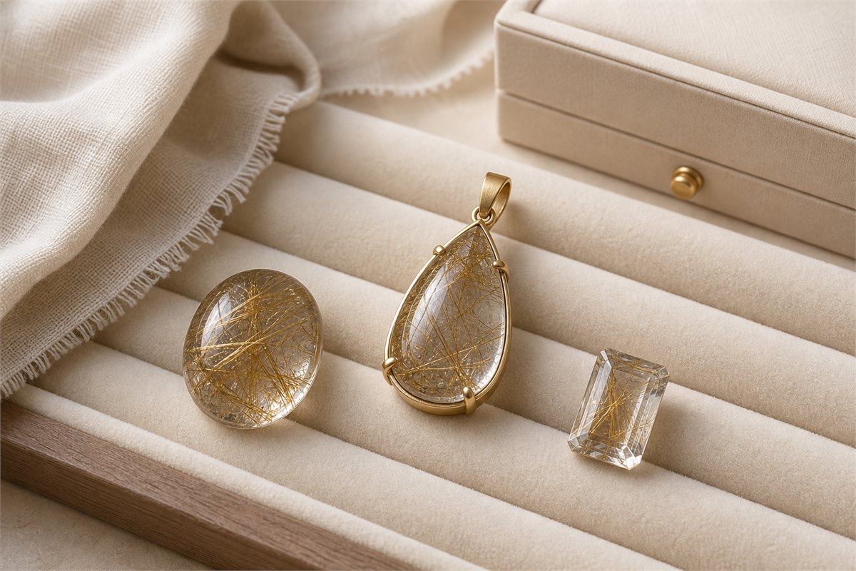 Loose oval and rectangular rutilated quartz stones beside a pear-shaped cabochon in an open-back pendant setting
