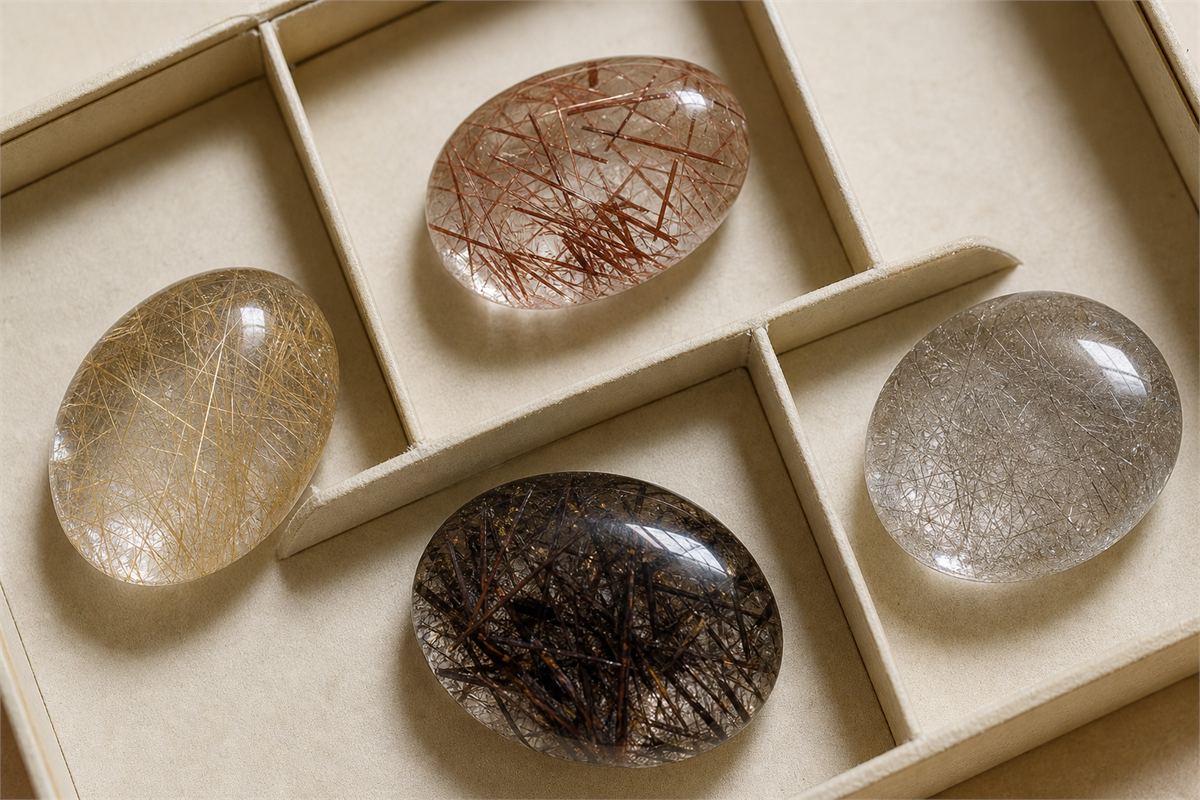 Four transparent included-quartz cabochons with golden, red-brown, silvery-gray, and dark needle patterns