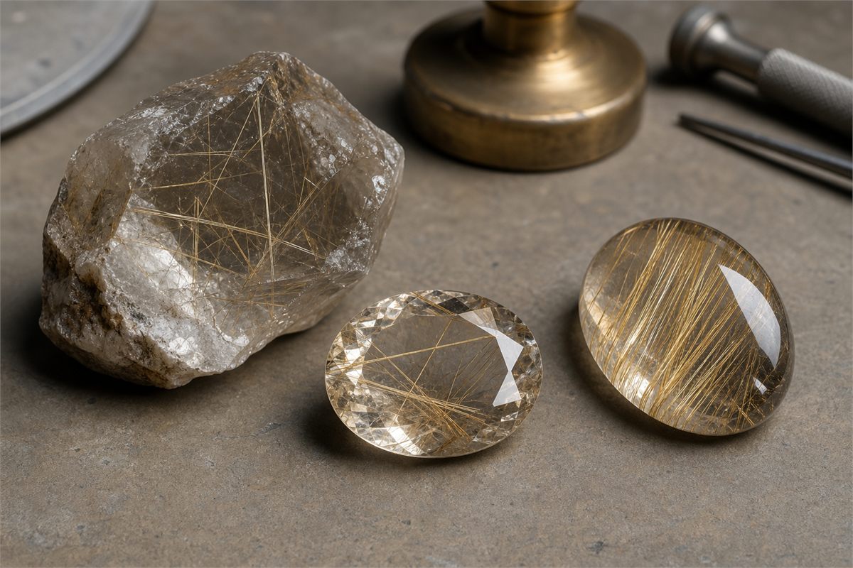 Rutilated quartz rough beside a faceted gem and cabochon oriented to show different internal patterns