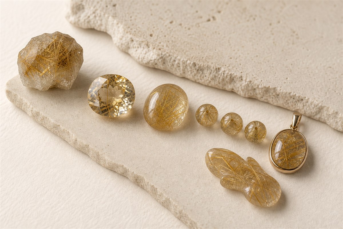 Natural rutilated quartz specimen, faceted gem, cabochon, drilled beads, pendant, and carved freeform