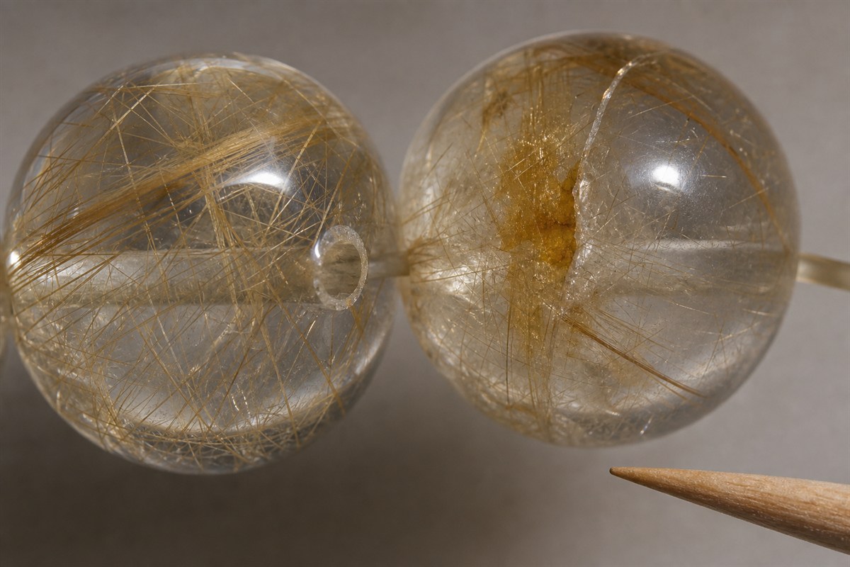 Macro inspection of a rutilated quartz bead drill hole and surface-reaching fracture under side light