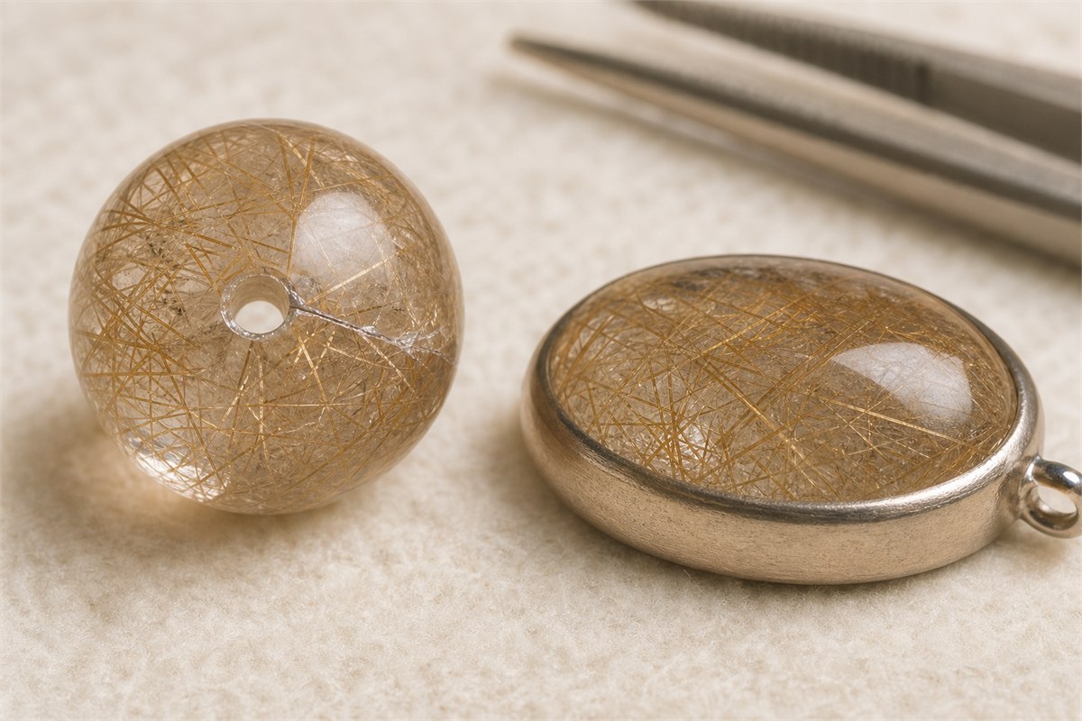 Rutilated quartz bead with a surface-reaching fracture near its drill hole beside a bezel-protected cabochon