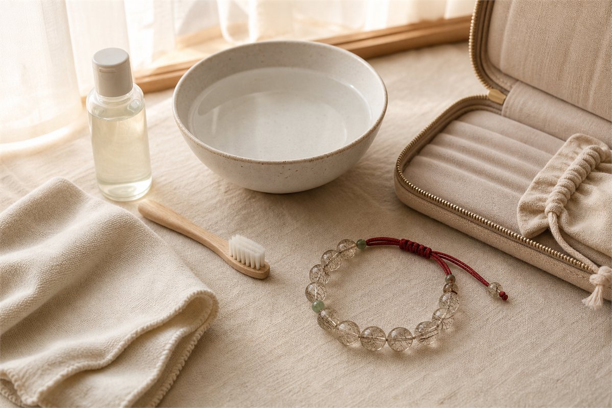 Rutilated quartz bracelet beside lukewarm water, mild soap, soft brush, cloth, and a separate lined storage pouch