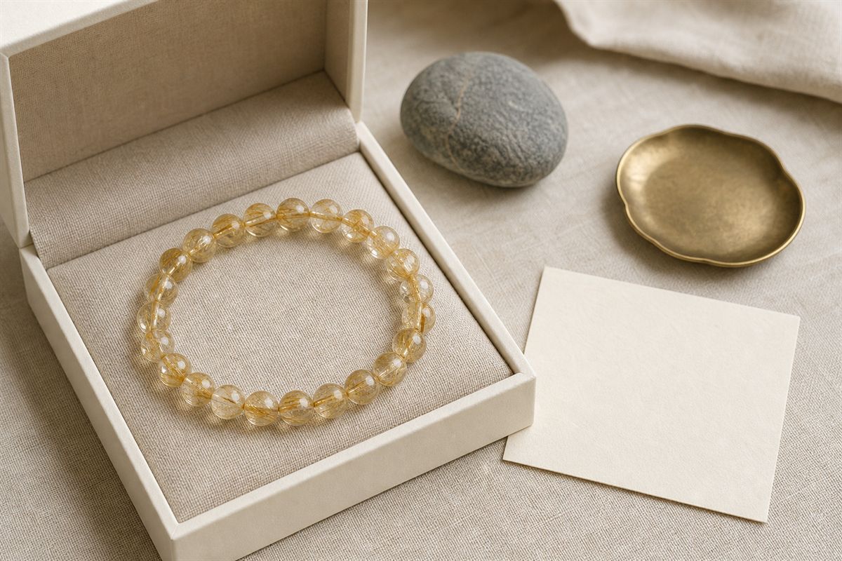 Gold rutilated quartz bracelet presented in a simple ivory gift box with a blank care card