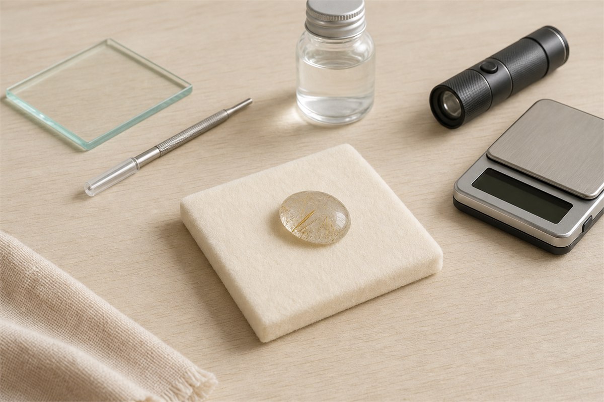Rutilated quartz resting safely while a glass plate, metal pick, alcohol bottle, UV torch, and scale remain unused to the side