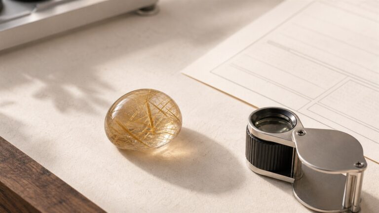 Golden rutilated quartz cabochon beside a 10× loupe and unbranded gemology report on a warm neutral laboratory tray